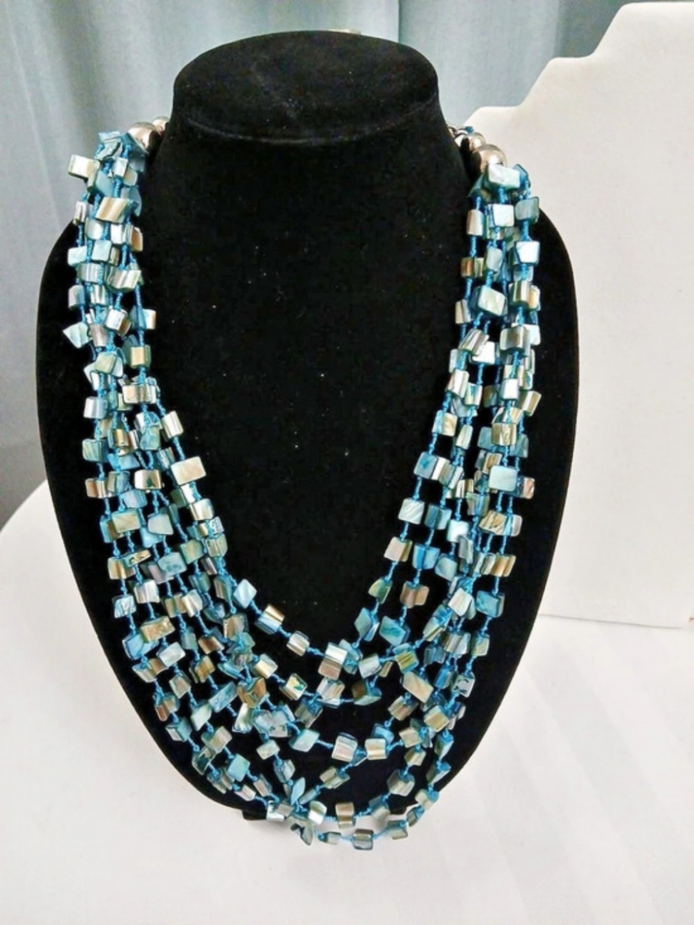 Iridescent Shell Blue & Silver Beaded Statement Necklace